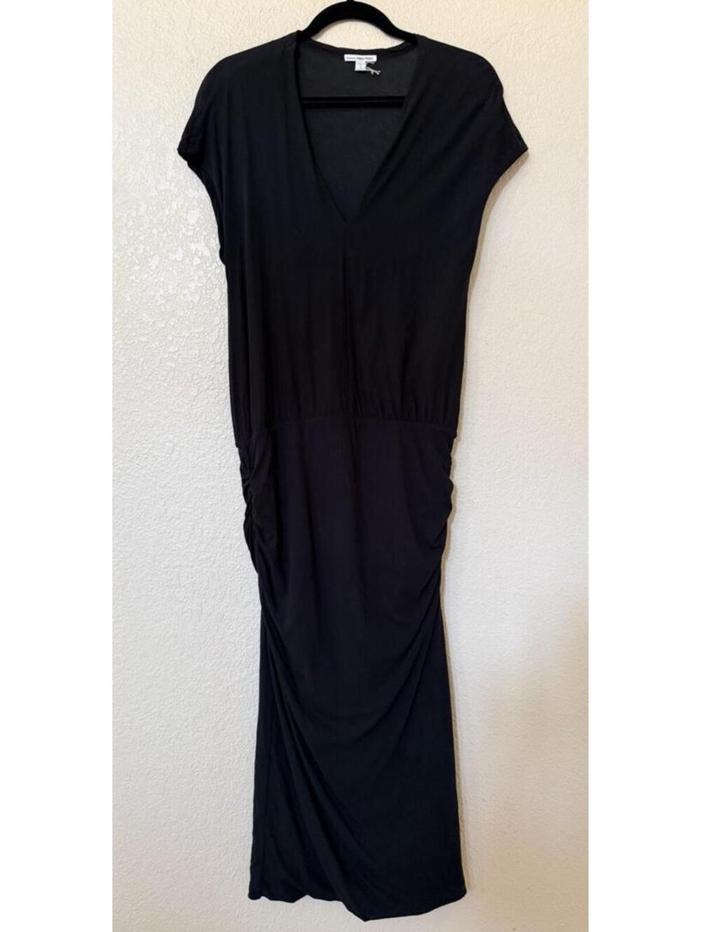 New James Perse Cap Sleeve Shirred Sheath Tight V-Neck Dress In Black Sz 3 $245